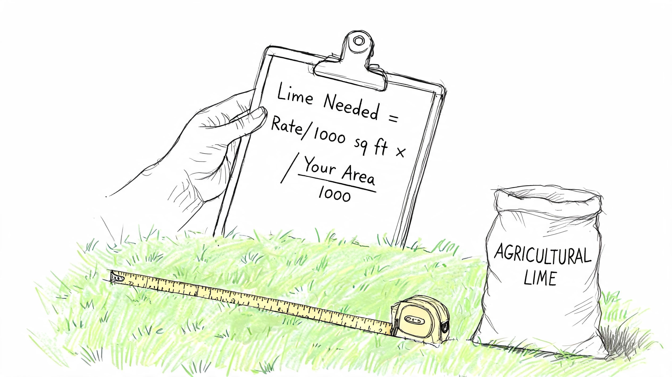 A hand holding a clipboard with a calculation formula for determining the amount of agricultural lime needed.