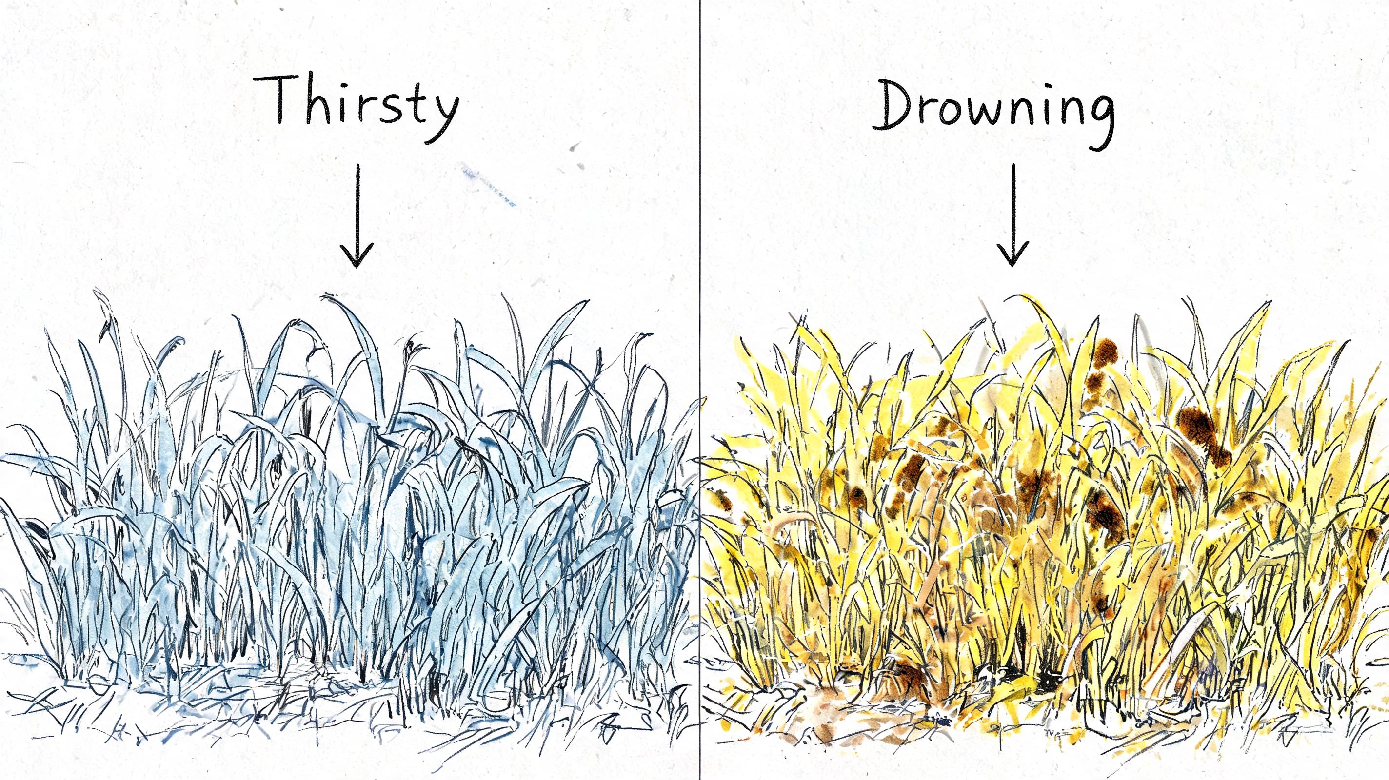 A split illustration showing thirsty grass in blue tones on the left and drowning grass in yellow on the right.